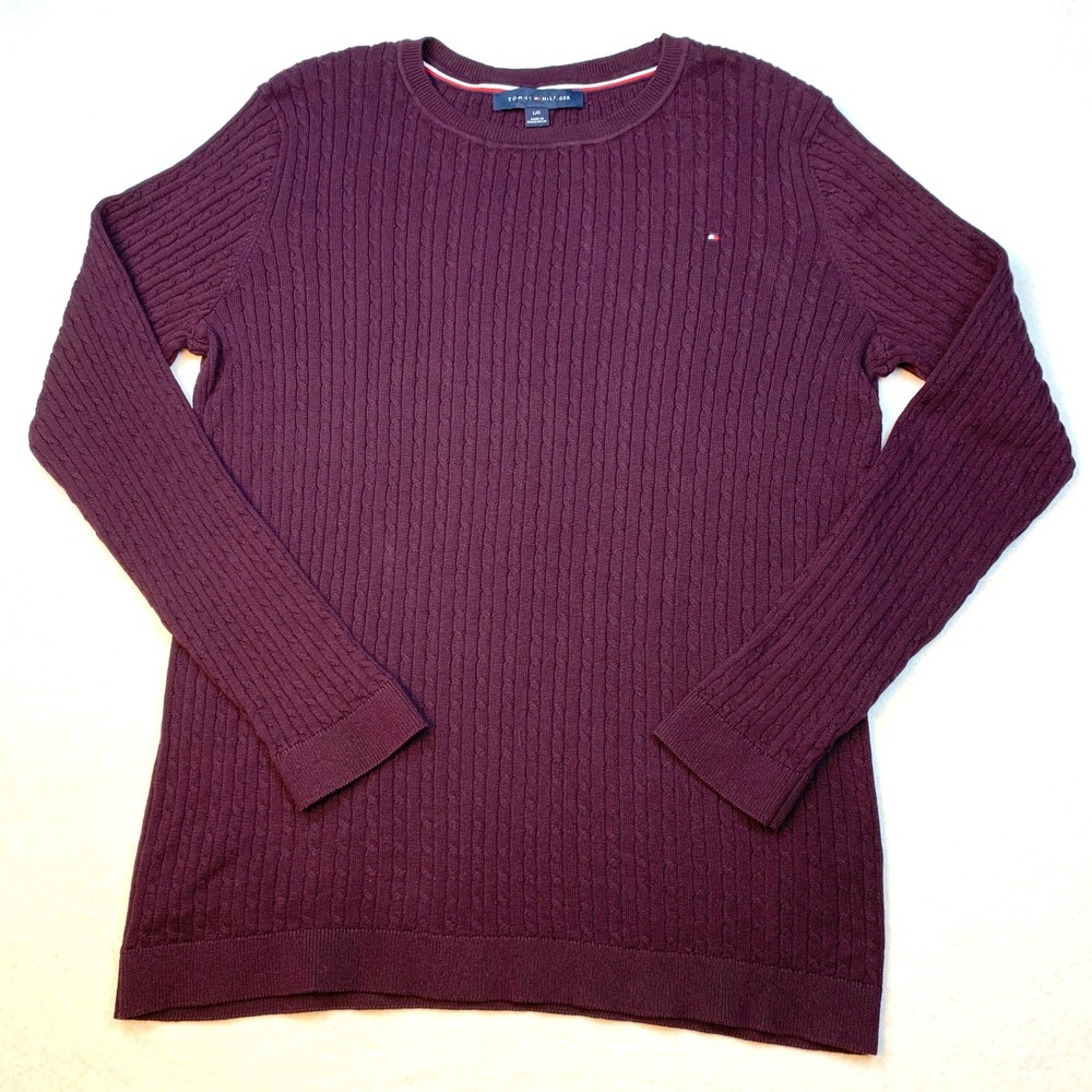 Tommy Hilfiger Sweater Womens Large Purple Aubergine Cotton Cable Knit Crewneck